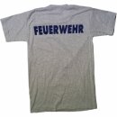 T-Shirt, graumeliert, blauer Rückenaufdruck "FEUERWEHR", Größe S