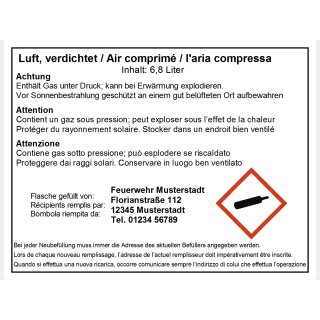 Dreisprachiges GHS Etikett Druckluft "Swiss" für CFK-Flaschen