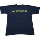 dunkelblaues Kinder T-Shirt mit neongelbem Rückenaufdruck "FEUERWEHR", Gr 98