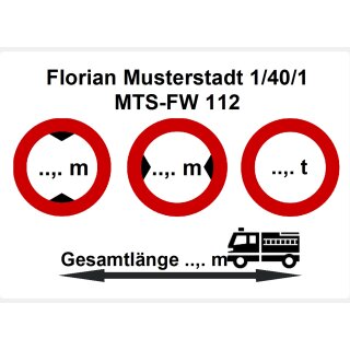 Etikett Fahrzeugabmessungen mit Funkrufname und KFZ-Kennzeichen