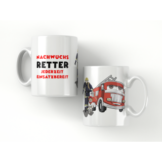 Tasse Nachwuchsretter mit Feuerwehrmann, Hund und Feuerwehrauto